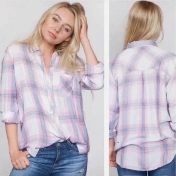 Rails Women's White Peony Plaid Hunter Button Down Shirt Long Sleeve Rayon Large - Picture 1 of 13